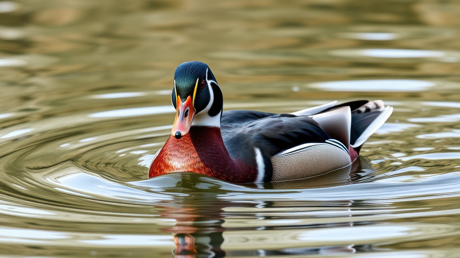 Colorful duck swimming in a tranquil pond during a sunny afternoon